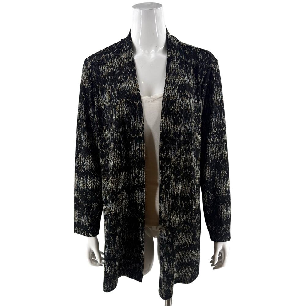 Susan Graver Cardigan Top Sz Large Petite Black Silver Gold Metallic Open Front